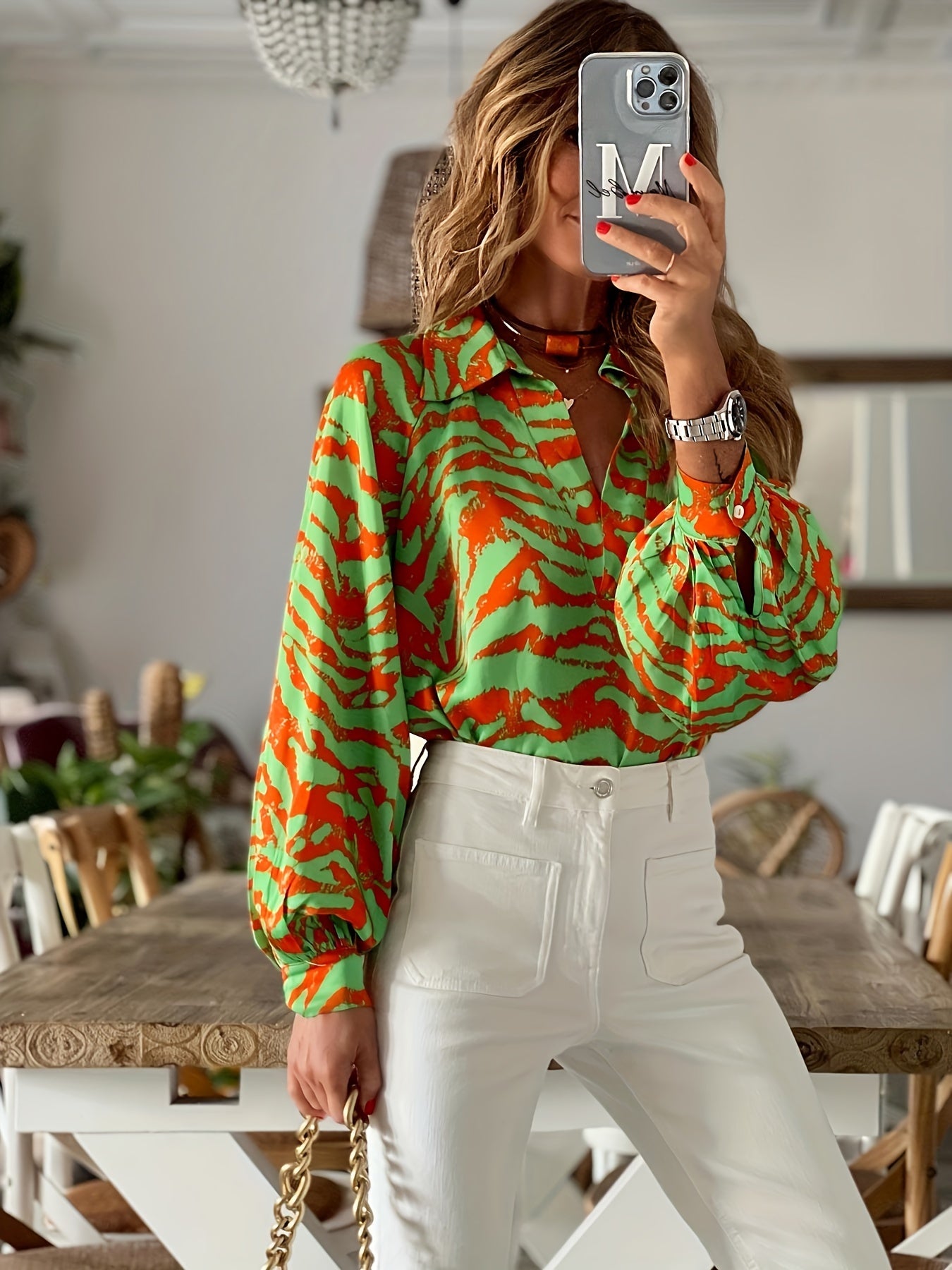  Animal Print Lantern Sleeve V Neck Blouse