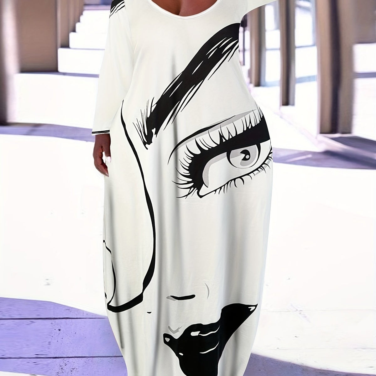  Women's Figure Print Long Sleeve Maxi Dress