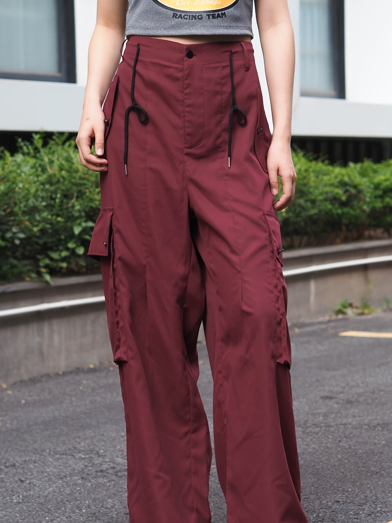 Women's Plus Size Cargo Trousers Button Fly Drawstring Wide Leg