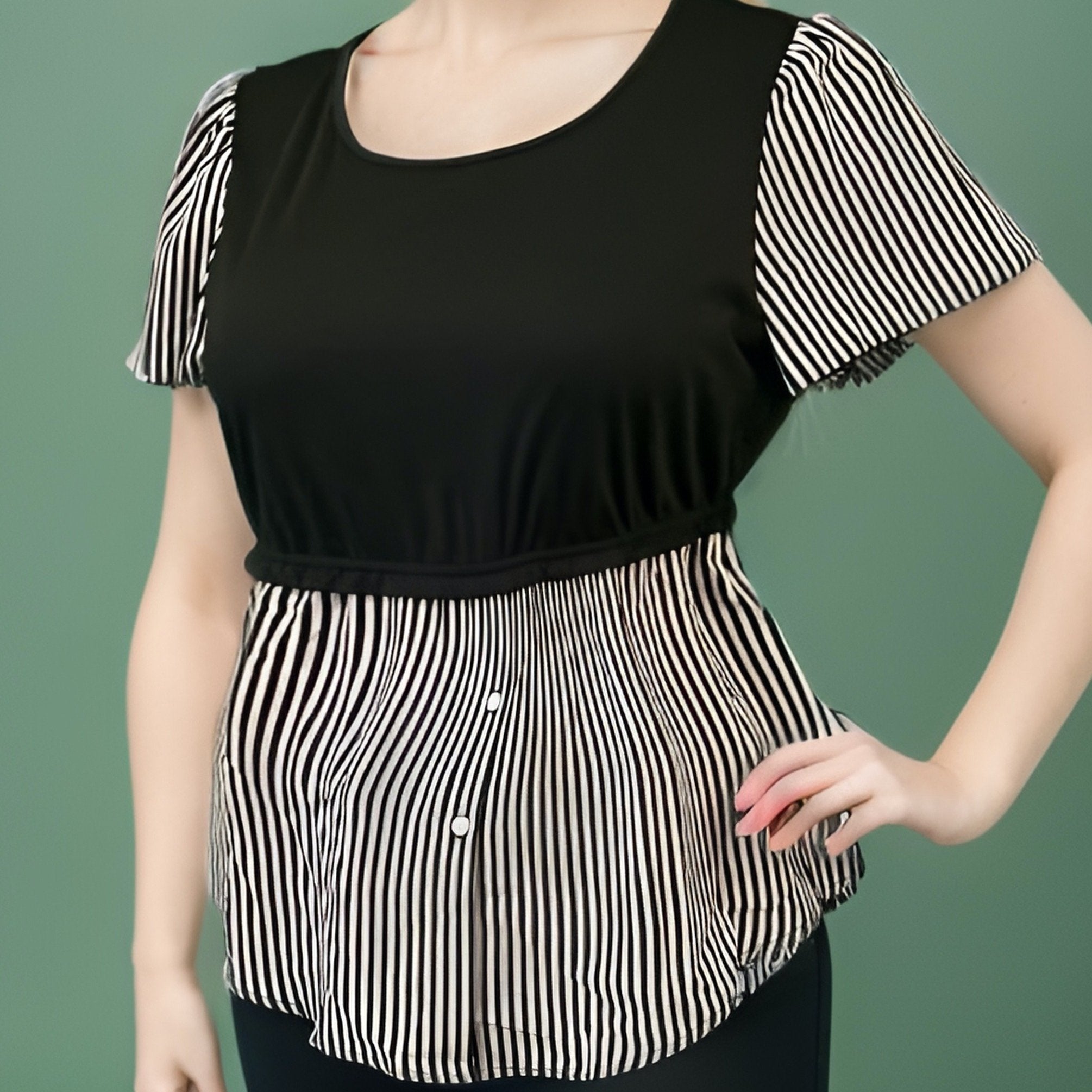  Colorblock Stripe Short Sleeve Blouse