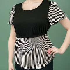  Colorblock Stripe Short Sleeve Blouse