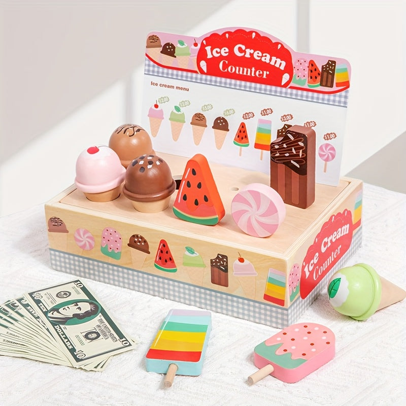 Wooden Ice Cream Counter Toy Set for Kids