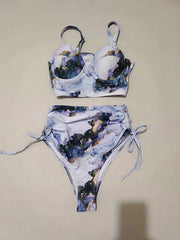 Tie Dye Push Up Bikini Set V Neck Tie Side High Cut Two Piece Swimwear