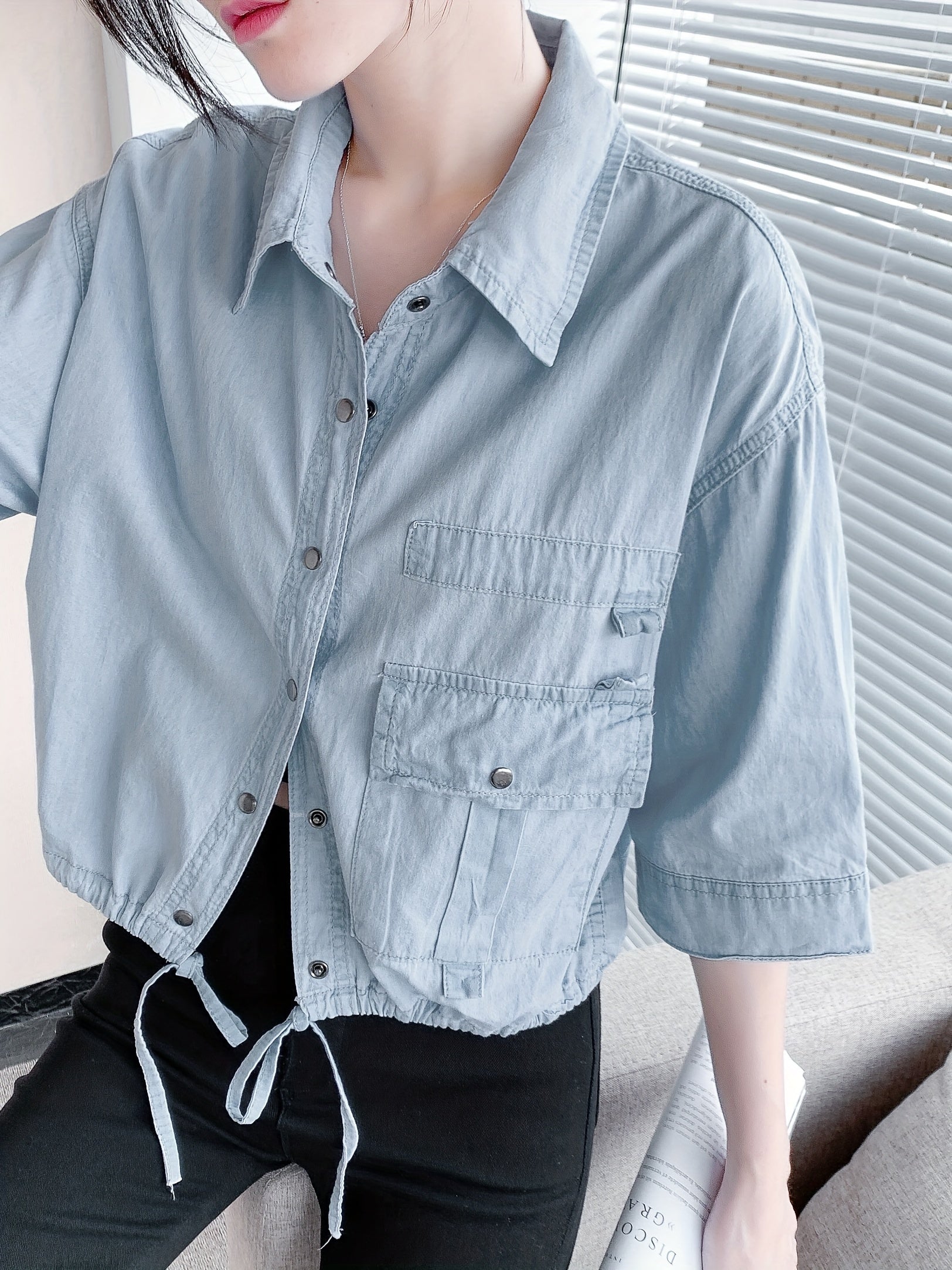  Denim Button Down Half Sleeve Shirt