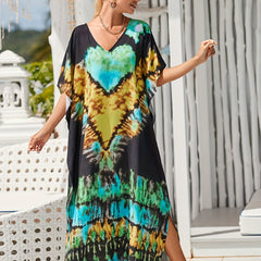  Tie Dye Cover Up Dress Women's V Neck Bat Sleeve Beach Casual