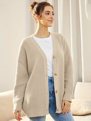  Solid Button Up Long Sleeve V Neck Cardigan