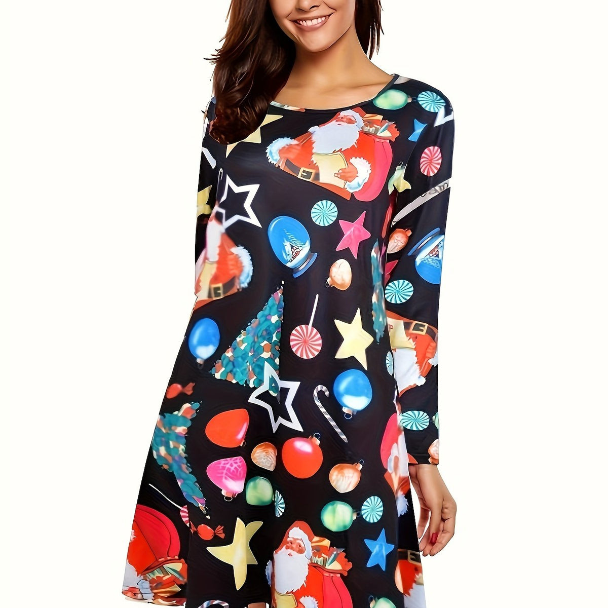  Women's Santa Claus Print Long Sleeve Maxi Dress