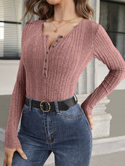  Solid Knit Top Women's Casual Half Button Long Sleeve