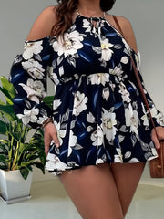  Floral Print Cold Shoulder Lantern Sleeve Peplum Top