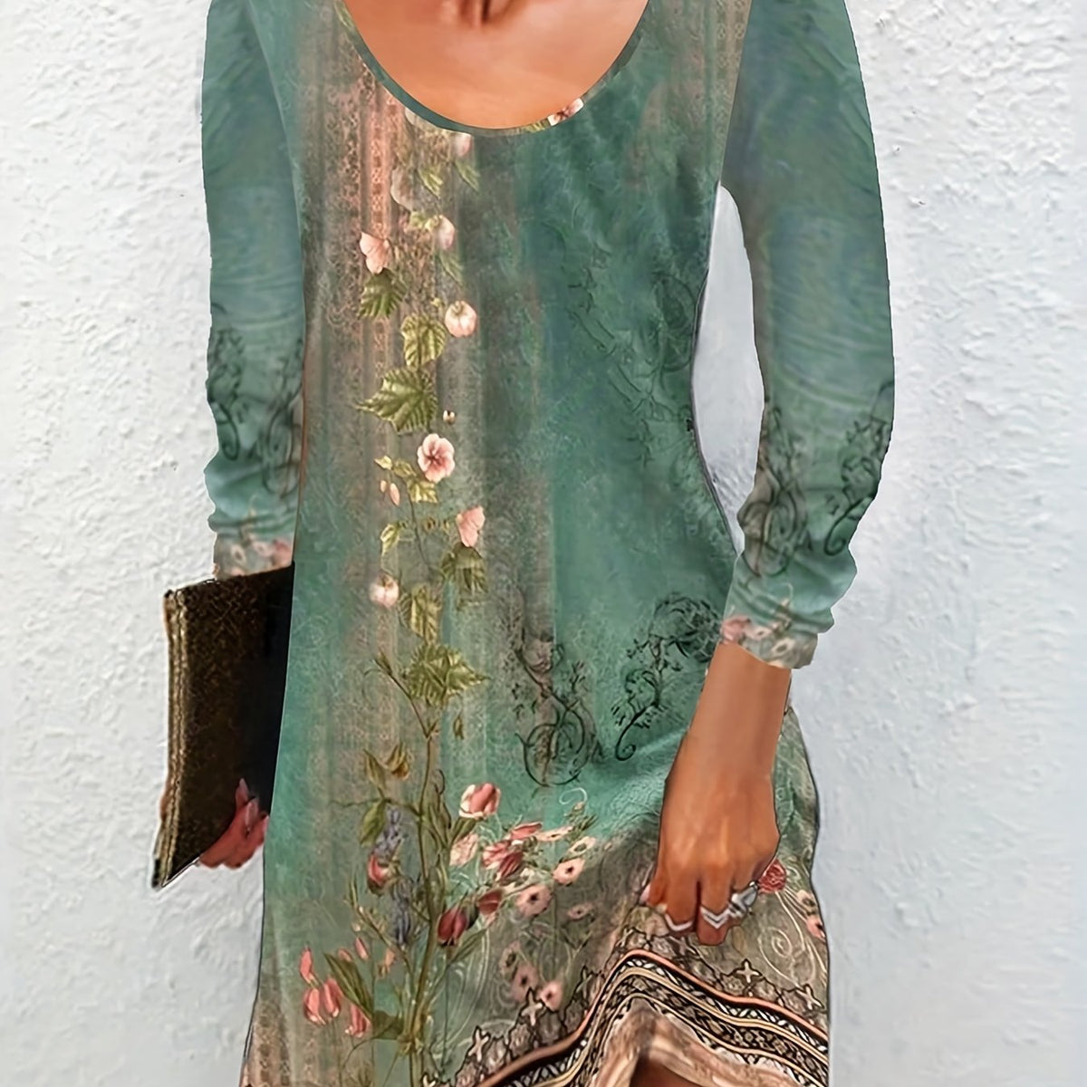Vintage Floral Print Long Sleeve Dress
