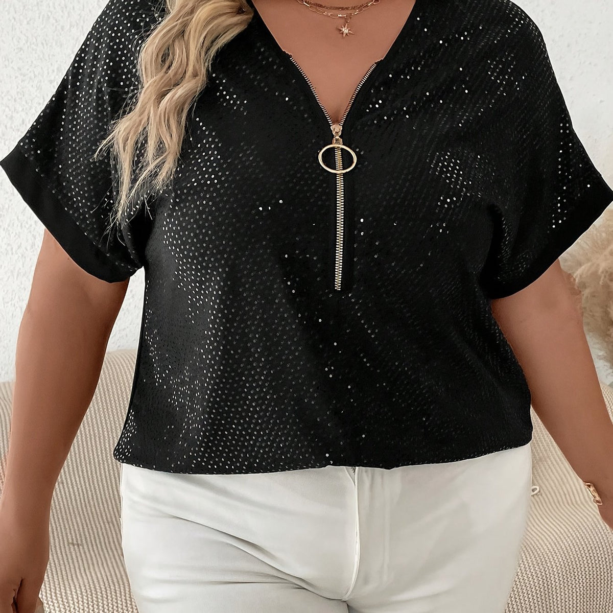 Women's Plus Sequin Zipper Short Sleeve V Neck Tunic Top