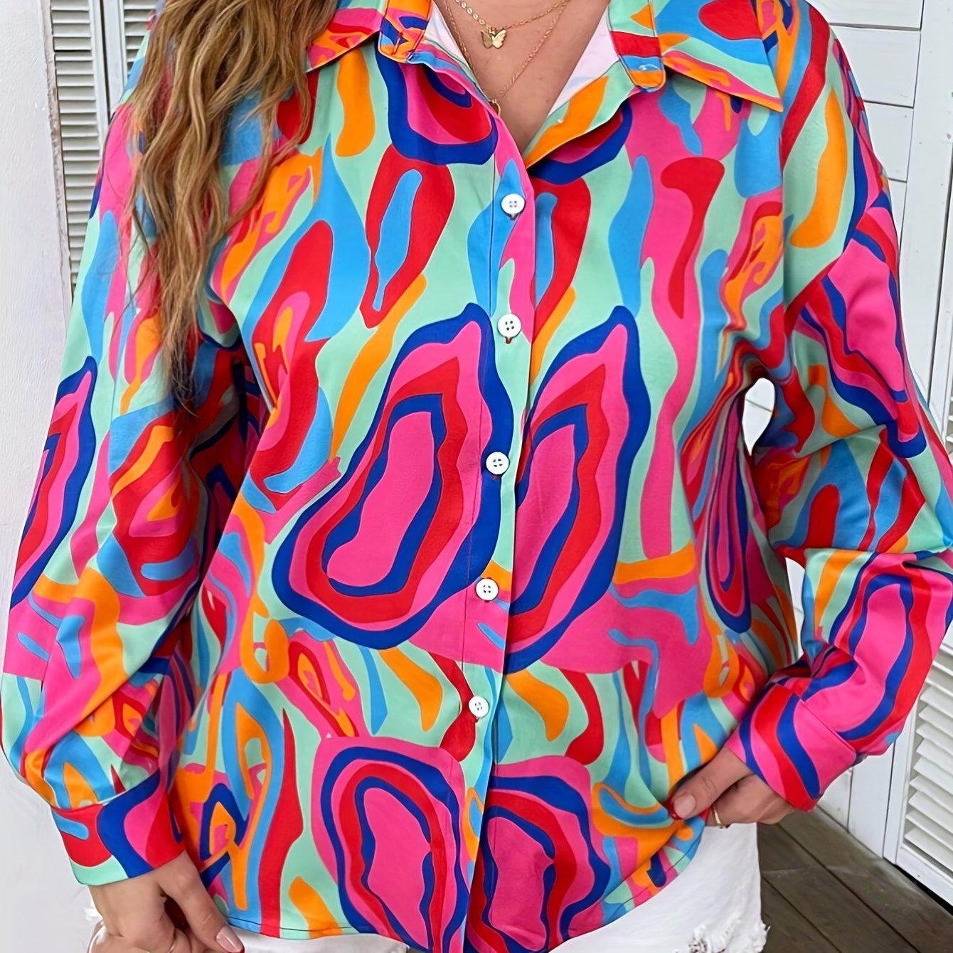  Colorblock Print Button Up Blouse