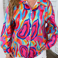  Colorblock Print Button Up Blouse