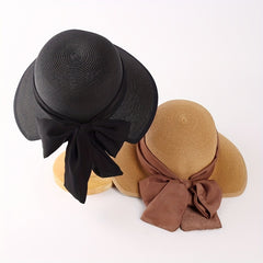 Bowknot Ribbon Sun Hat Wide Brim UV Protection Straw Hats Classic Summer