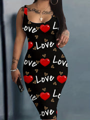 Plus Size Casual Dress Women's Plus Art Letter & Heart Print Bodycon Tank Dress