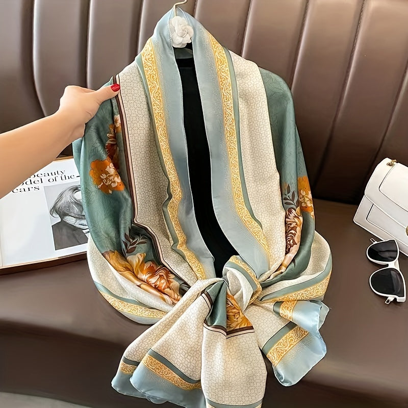 Flower Print Scarf Block Silk Shawl Satin Head Wrap Women Sunscreen