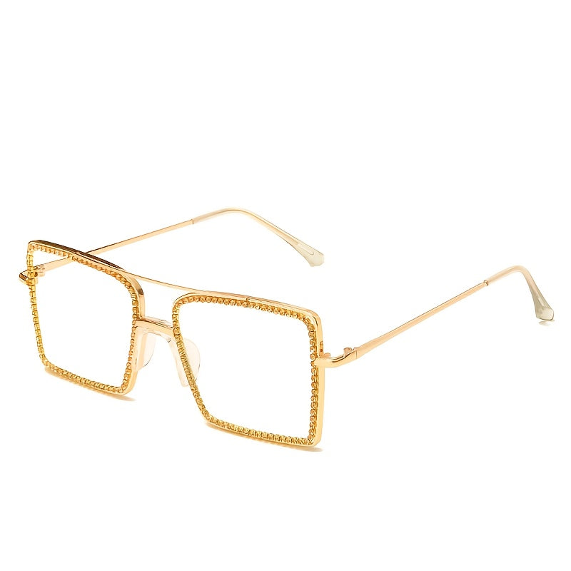 Square Clear Lens Rhinestone Sunglasses Metal Frame Women Eyewear