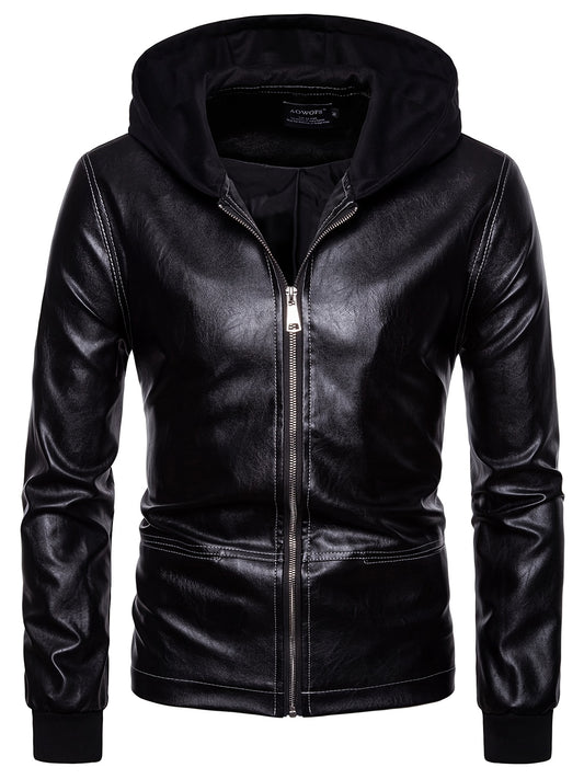 Men's Slim Fit Casual Leather Jacket with Hood