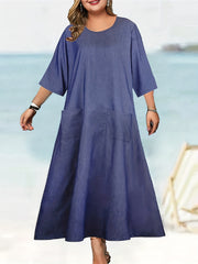  Casual Dress Women's Plus Solid Long Sleeve Round Neck Summer Dress