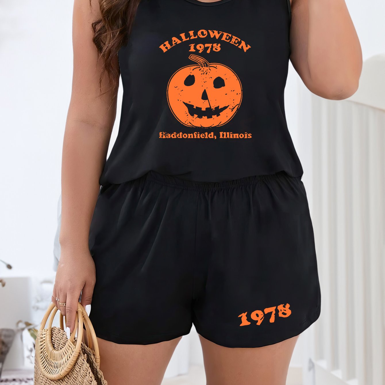  Pumpkin & Letter Print Tank Top & Shorts Lounge Set