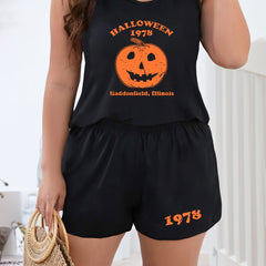 Pumpkin & Letter Print Tank Top & Shorts Lounge Set