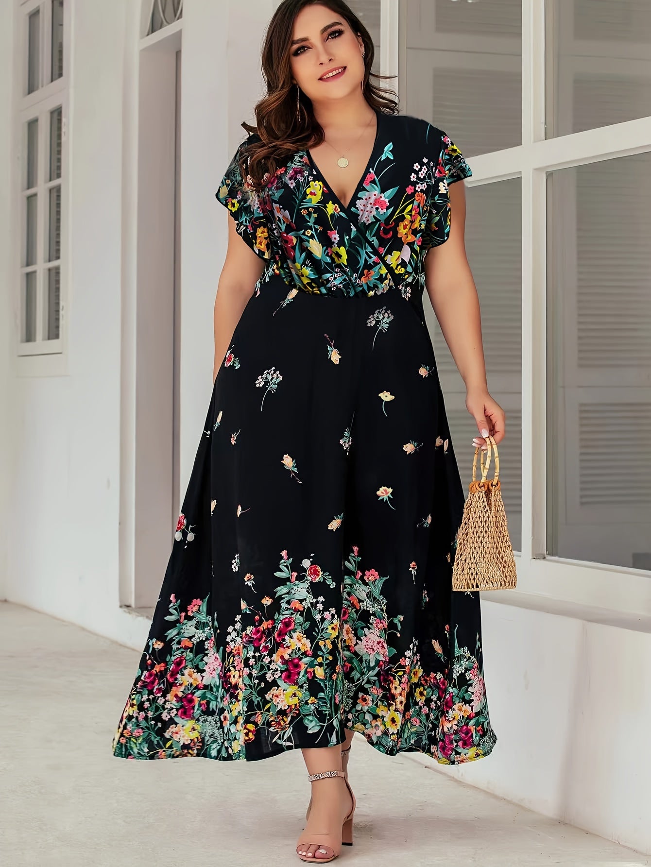 Floral Print Short Sleeve V Neck Maxi Dress