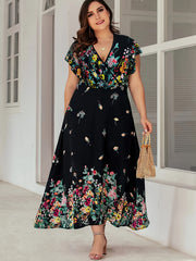 Floral Print Short Sleeve V Neck Maxi Dress