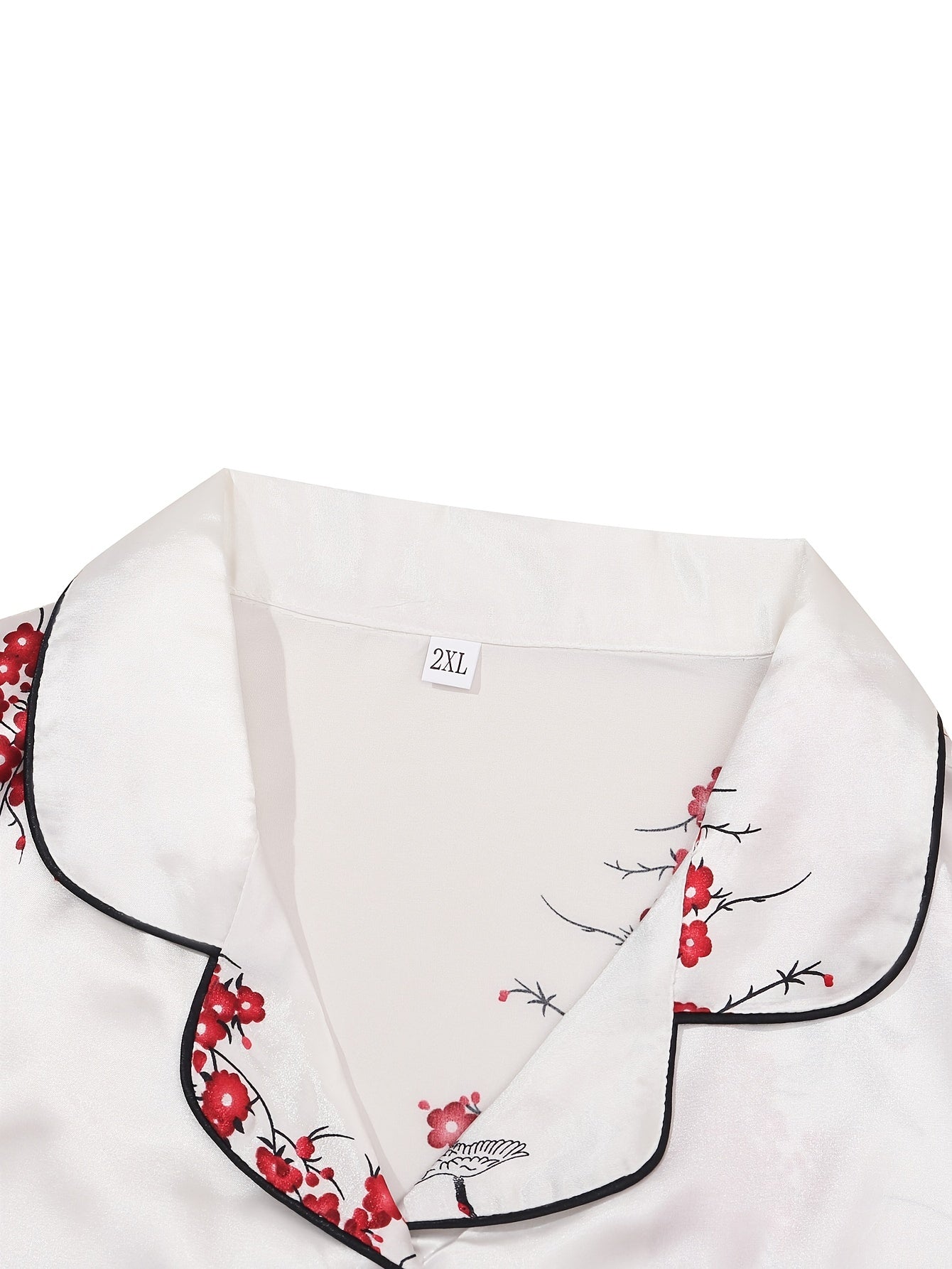  Satin Floral Print Lace Trim Pajama Set