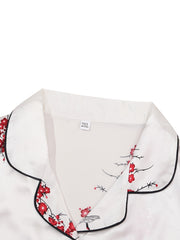  Satin Floral Print Lace Trim Pajama Set