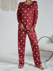 Polka Dots Pajama Set Long Sleeve Round Neck Top And Pants