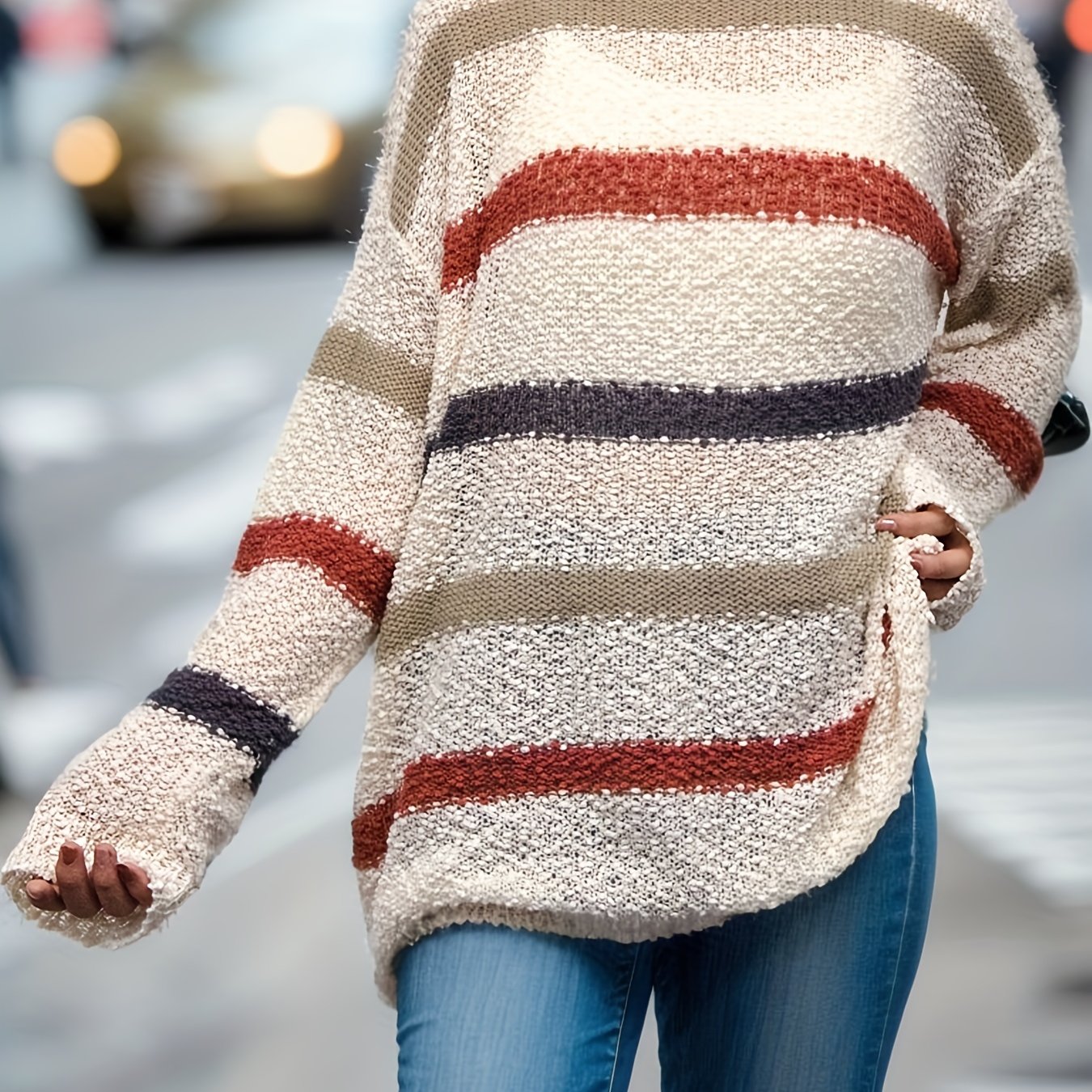  Casual Stripe Print Long Sleeve Round Neck Tunic Jumper