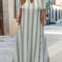  Stripe Print Button Decor Short Sleeve Dress