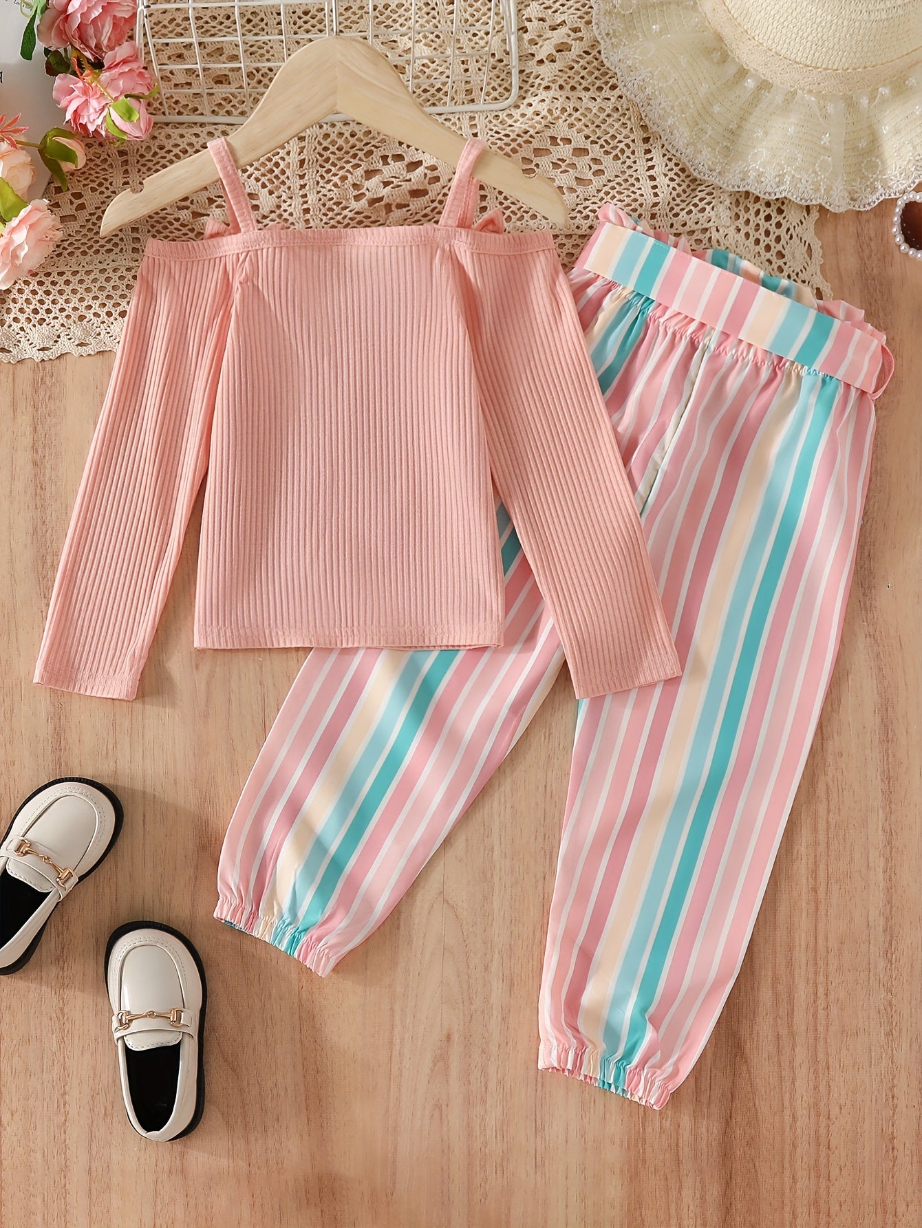 Bowknot Decor Outfit 2pcs Off Shoulder Top & Striped Pants Set