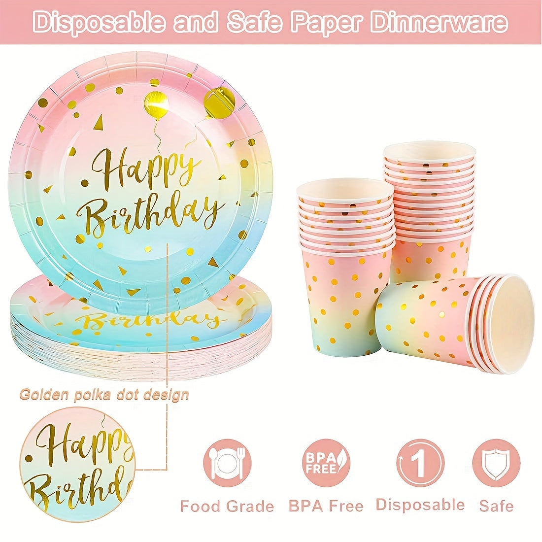 40pcs Rainbow Pastel Party Supplies Disposable Dinnerware Set for Birthday & Bab