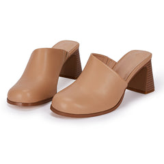 Women's Chunky Heeled Mules Slip On Stacked Heels Faux Leather