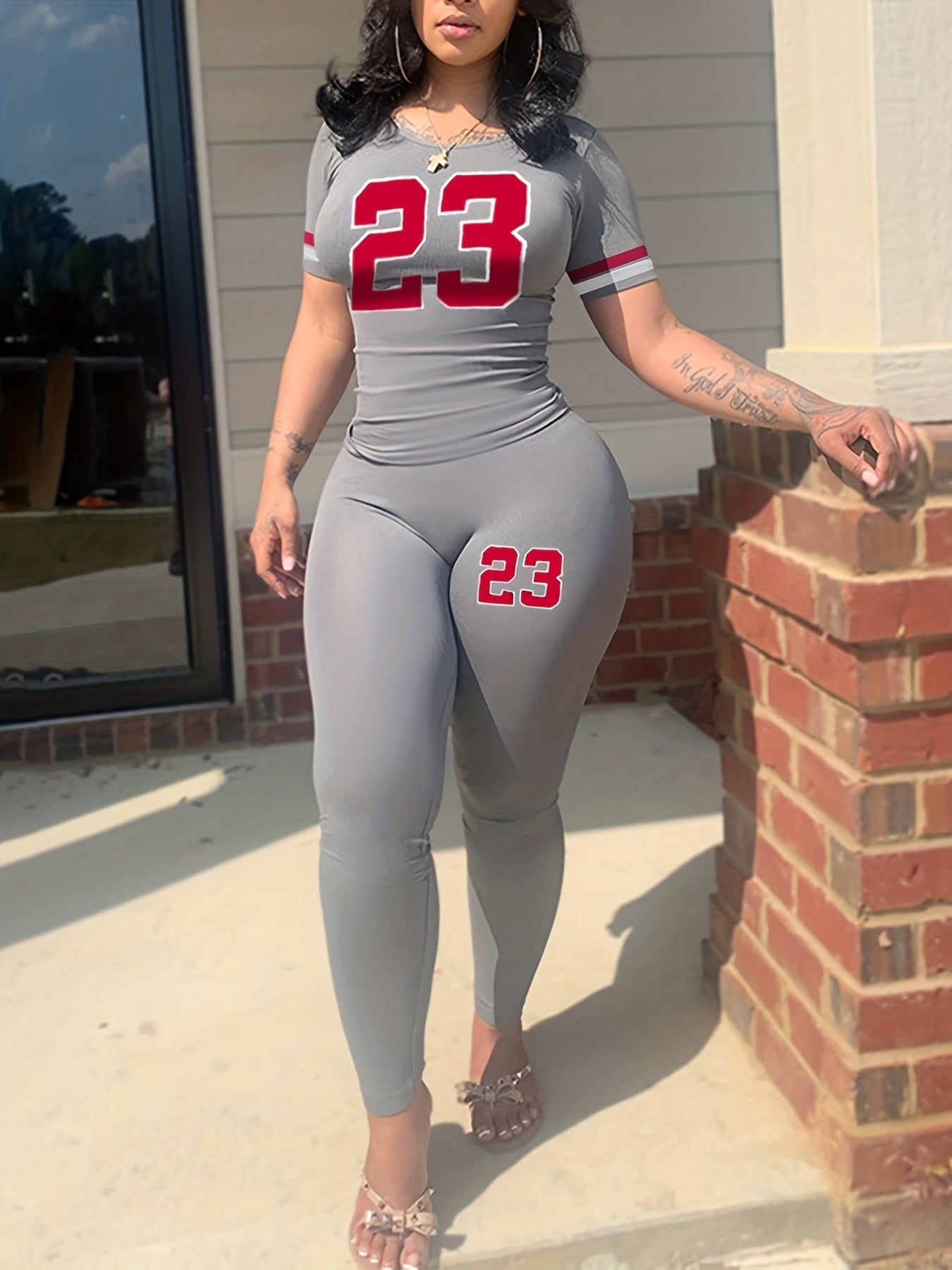 Casual Letter Print 2pc Set Crew Neck Short Sleeve T shirt & Skinny Pants