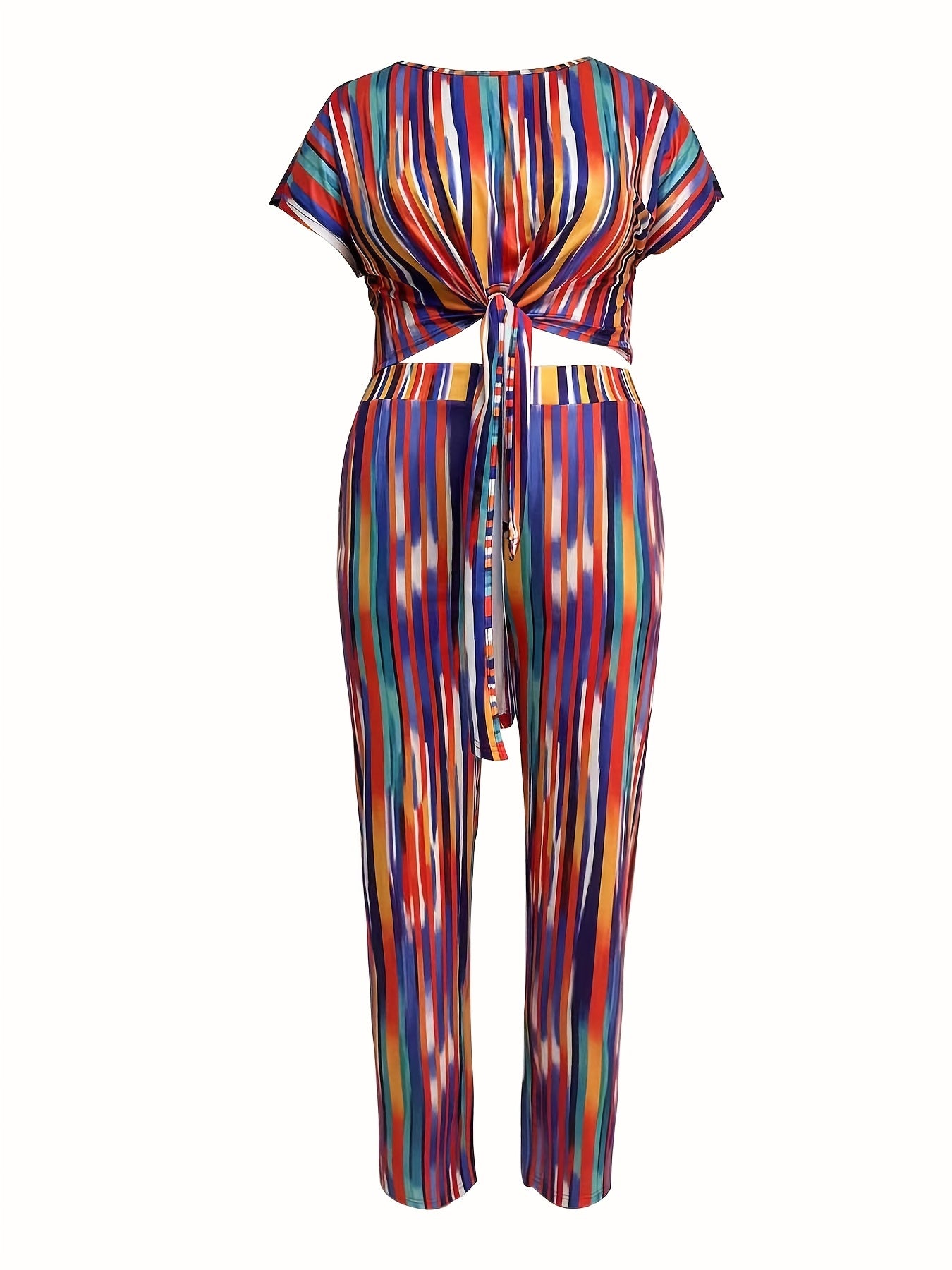  Striped Short Sleeve Crop Top & Pants Outfits Set