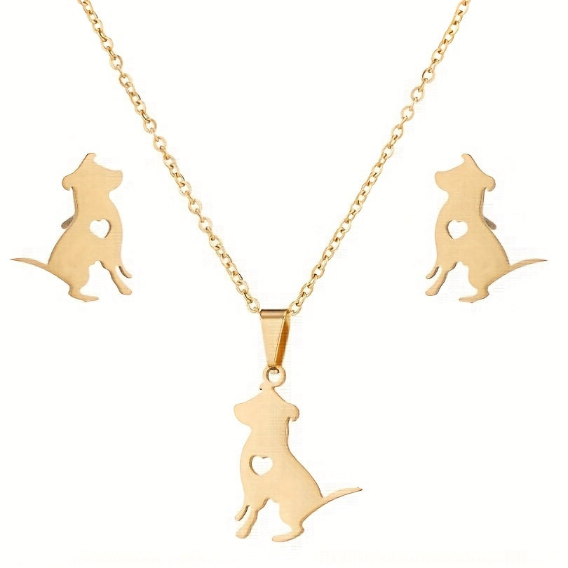 Stainless Steel Origami Cat Necklace and Earrings Set - Animal Pet Jewelry