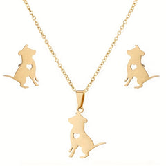 Stainless Steel Origami Cat Necklace and Earrings Set - Animal Pet Jewelry