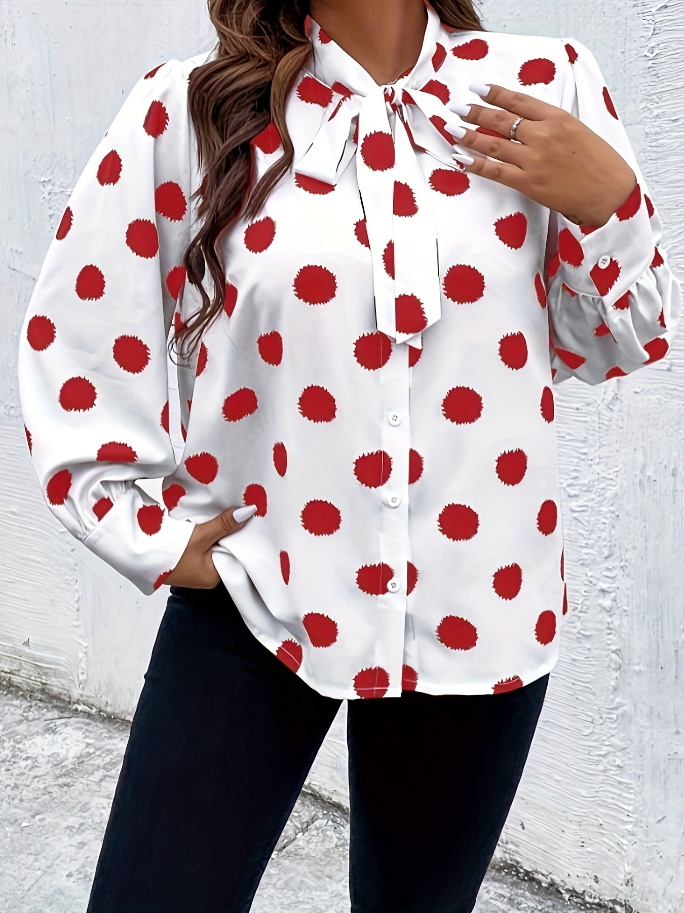  Dot Print Lantern Sleeve Top