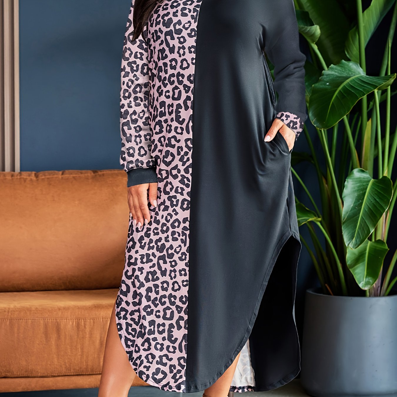  Colorblock Leopard Print Maxi Dress With Pockets