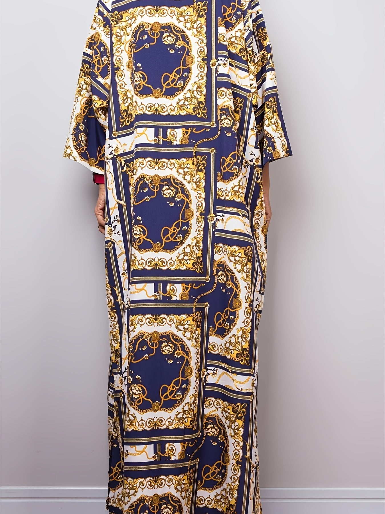  Retro Kaftan Dress Three Quarter Sleeve V Neck Baroque Print