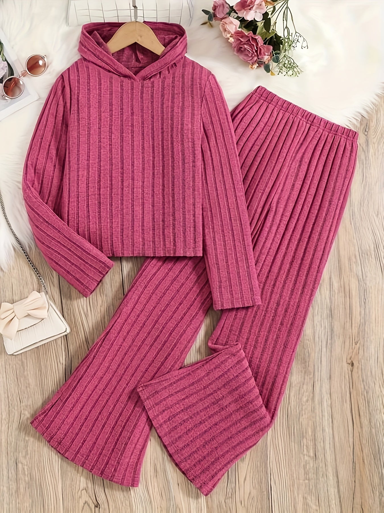  Ribbed Knit Long Sleeve Hoodie & Flared Leg Pants Lounge Set