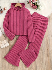  Ribbed Knit Long Sleeve Hoodie & Flared Leg Pants Lounge Set