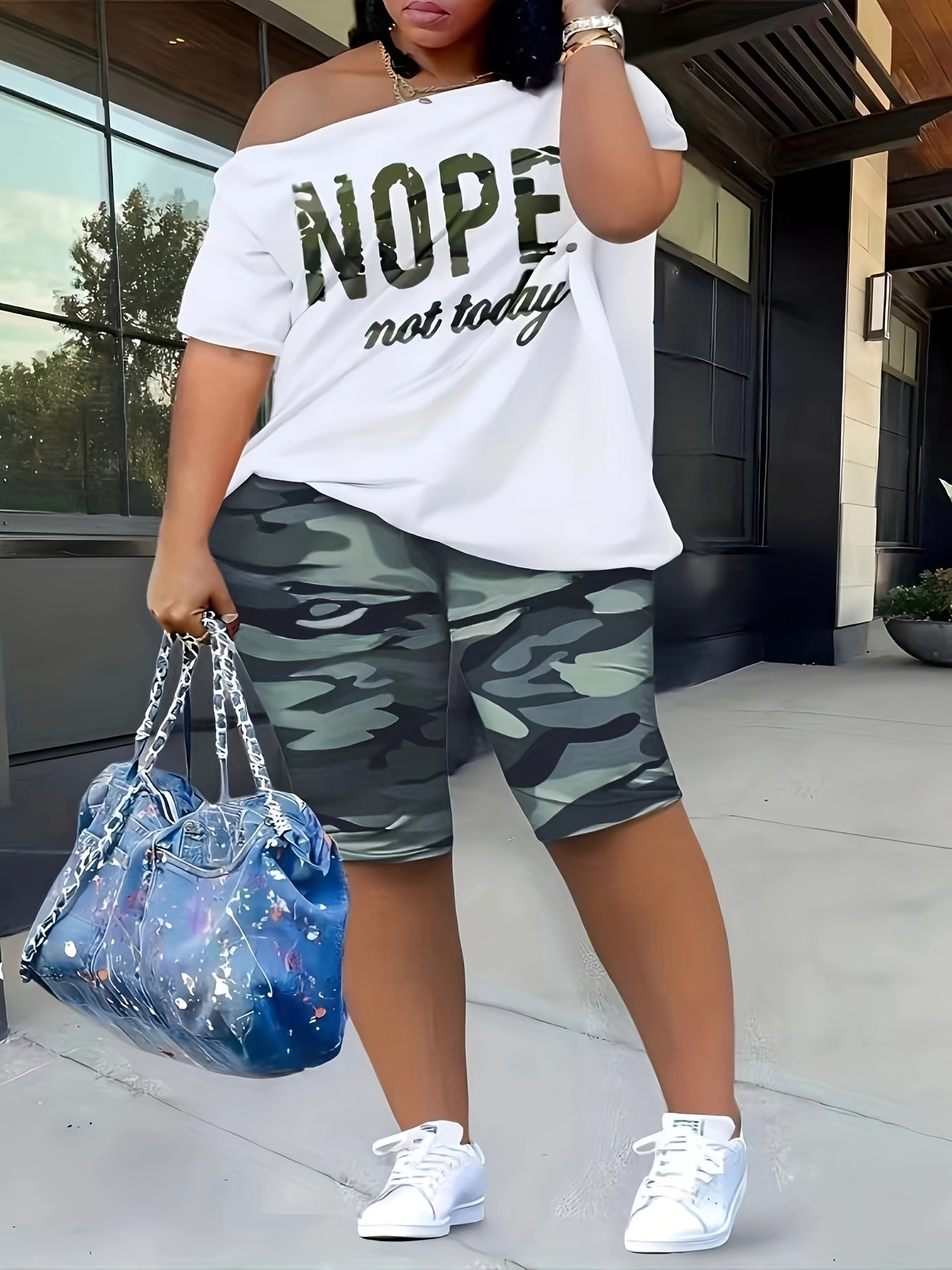  Camo One Shoulder Top & Biker Shorts Set