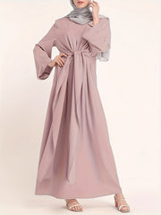  Retro Kaftan Dress Women's Plus Solid Long Sleeve Round Neck Maxi