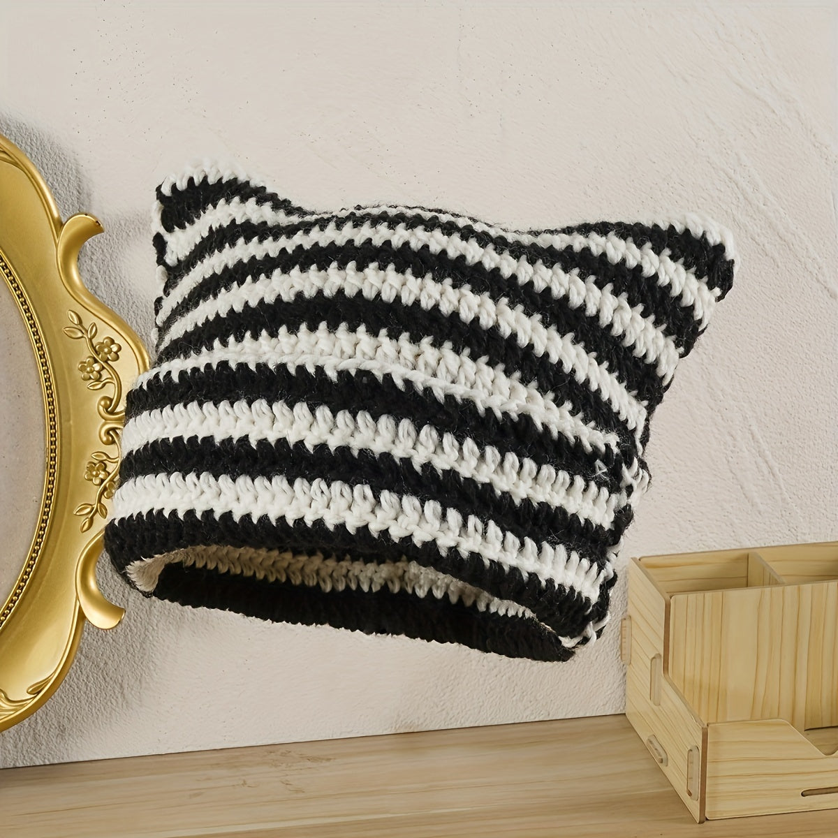 Striped Cat Ears Y2K Beanie Double Knitted Monster Warm Skull Cap