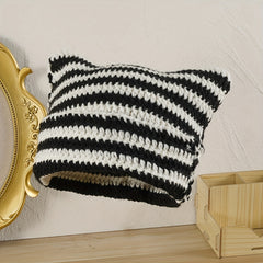Striped Cat Ears Y2K Beanie Double Knitted Monster Warm Skull Cap