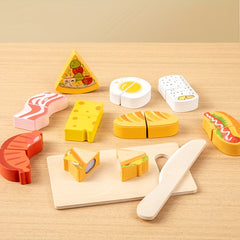 Wooden Reusable Play Kitchen Set with Fruits, Seafood, Desserts, and Cutting Kit