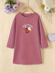 Girls' Halloween Pumpkin Print Long Sleeve A line Casual Dress